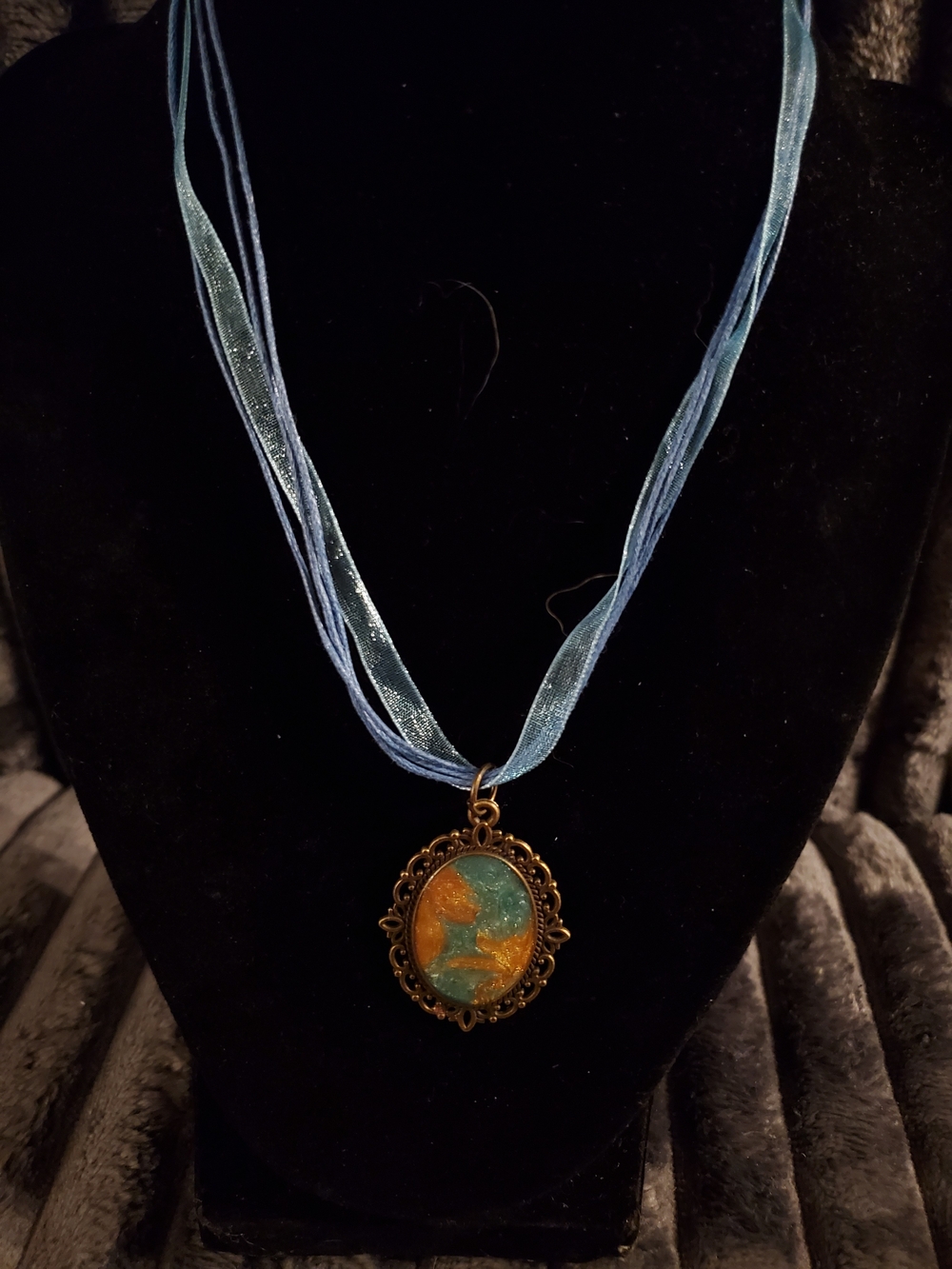 Handcrafted Vintage-Style Blue and Gold Resin Pendant Necklace
